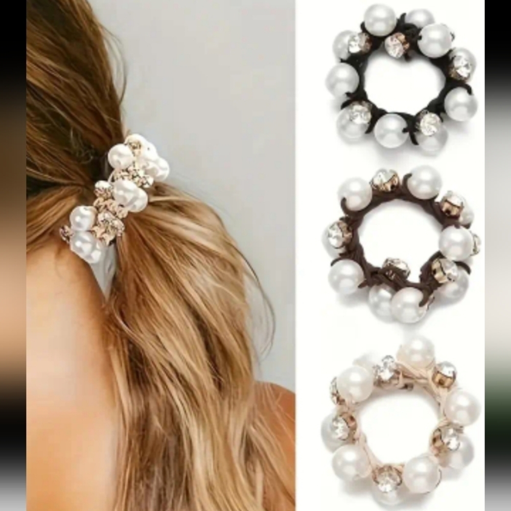 3 Piece Set Elegant Pearl and Rhinestones Hair Ties